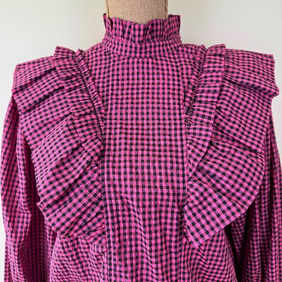 Ganni Pink & Black Gingham Ruffle Blouse NWT Size 38 - Picture 4 of 11